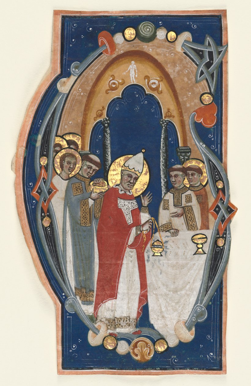 Historyczny inicjał (G) wycięty z księgi chóralnej: Msza św. Grzegorza Wielkiego autorstwa Unknown artist