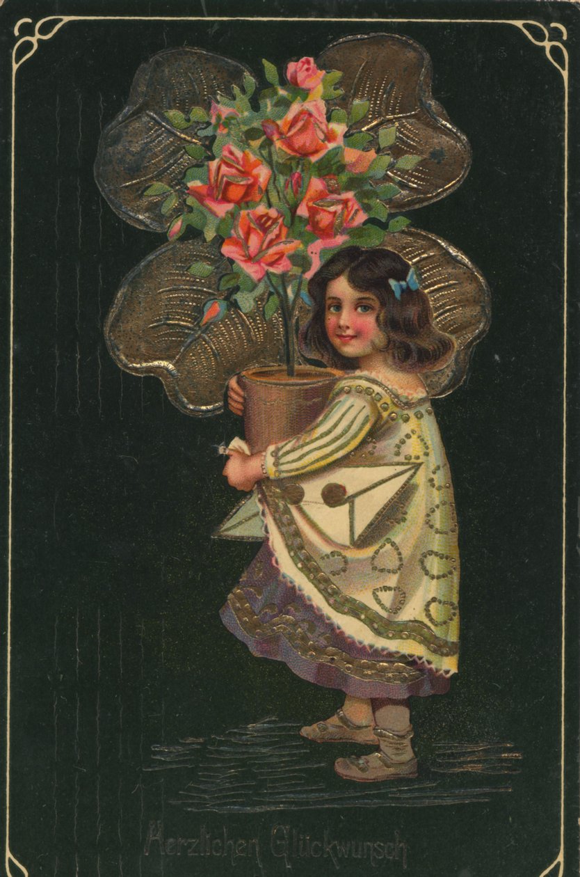 Historyczna kartka okolicznościowa z dzieckiem i dużą rośliną doniczkową, różą autorstwa Unknown artist