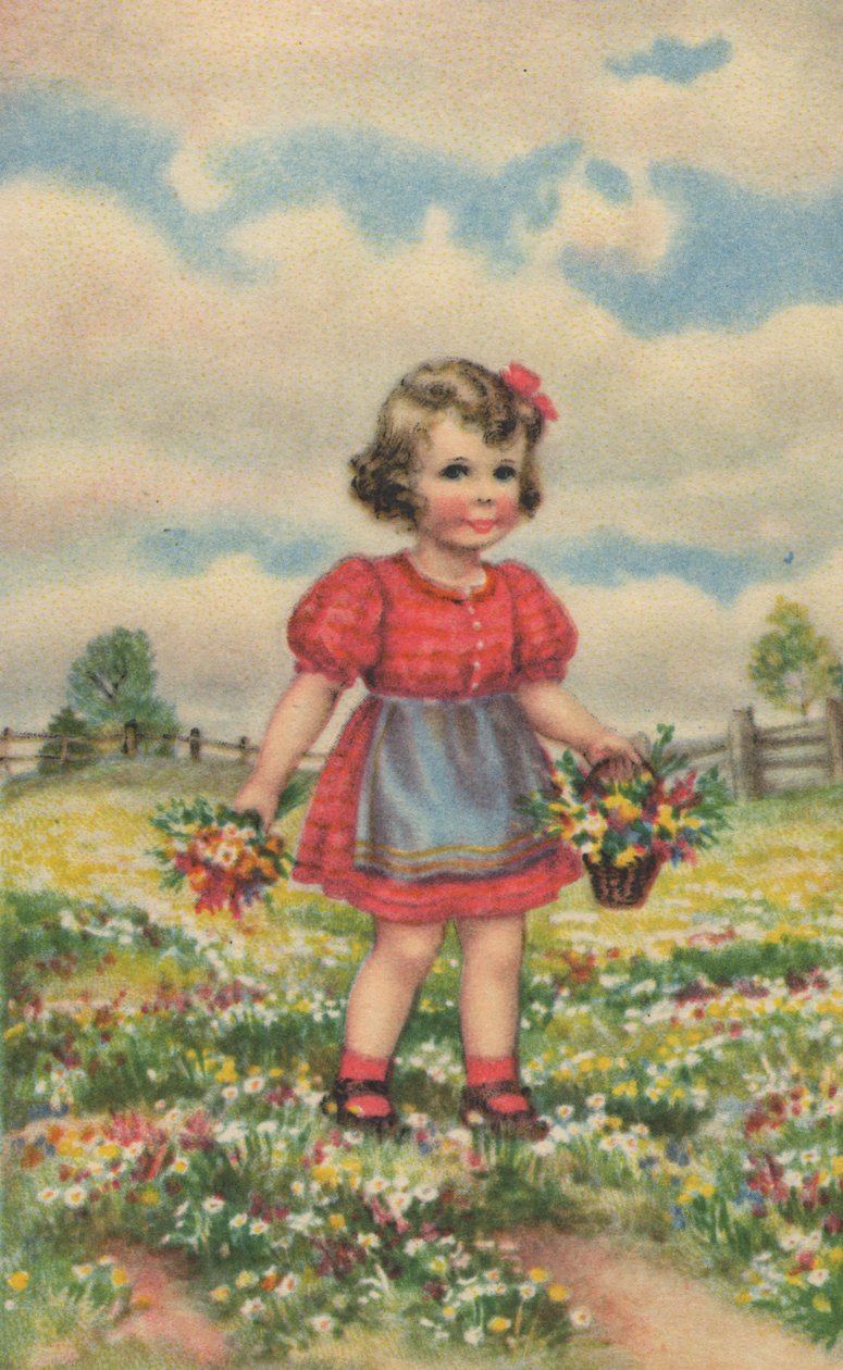 Historyczna pocztówka z szczęśliwą dziewczyną na łące, kartka z życzeniami autorstwa Unknown artist