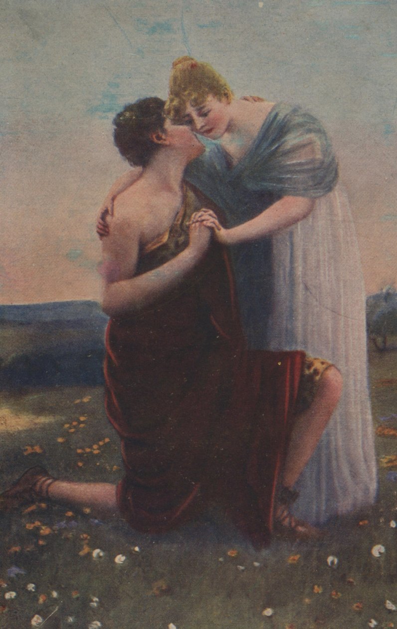 Historyczna kartka okolicznościowa z motywem historycznym, kobietą i wojownikiem średniowiecza autorstwa Unknown artist