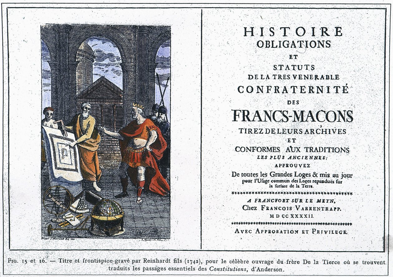 Obowiązki historyczne i statuty najczcigodniejszego bractwa masońskiego: tytuł i frontyspis grawerowane przez Reinhardta juniora (1742) dla słynnego dzieła Brata Trzeciego, w którym przetłumaczono podstawowe fragmenty „Con” Andersona autorstwa Unknown artist