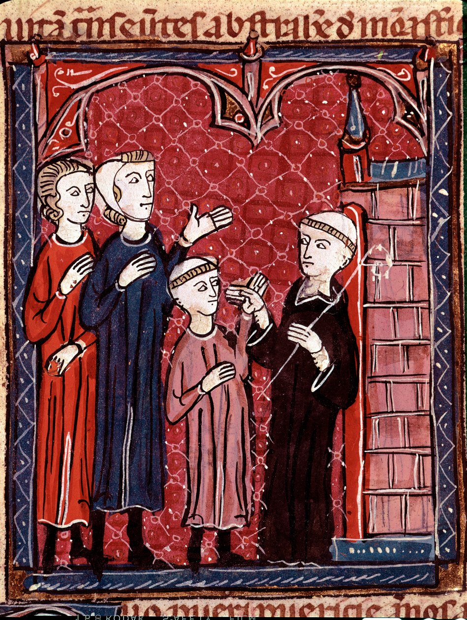 Historia prawa kanonicznego: „”Dwoje rodziców zabierających syna do klasztoru”””Miniatura zaczerpnięta z „Decret de Gratien”” („Concordia discordantium canonum” lub „Decretum Gratiani”) z 1140 r. i regulująca prawa i kanony Kościół Rzymsko-katolicki. 1 autorstwa Unknown artist