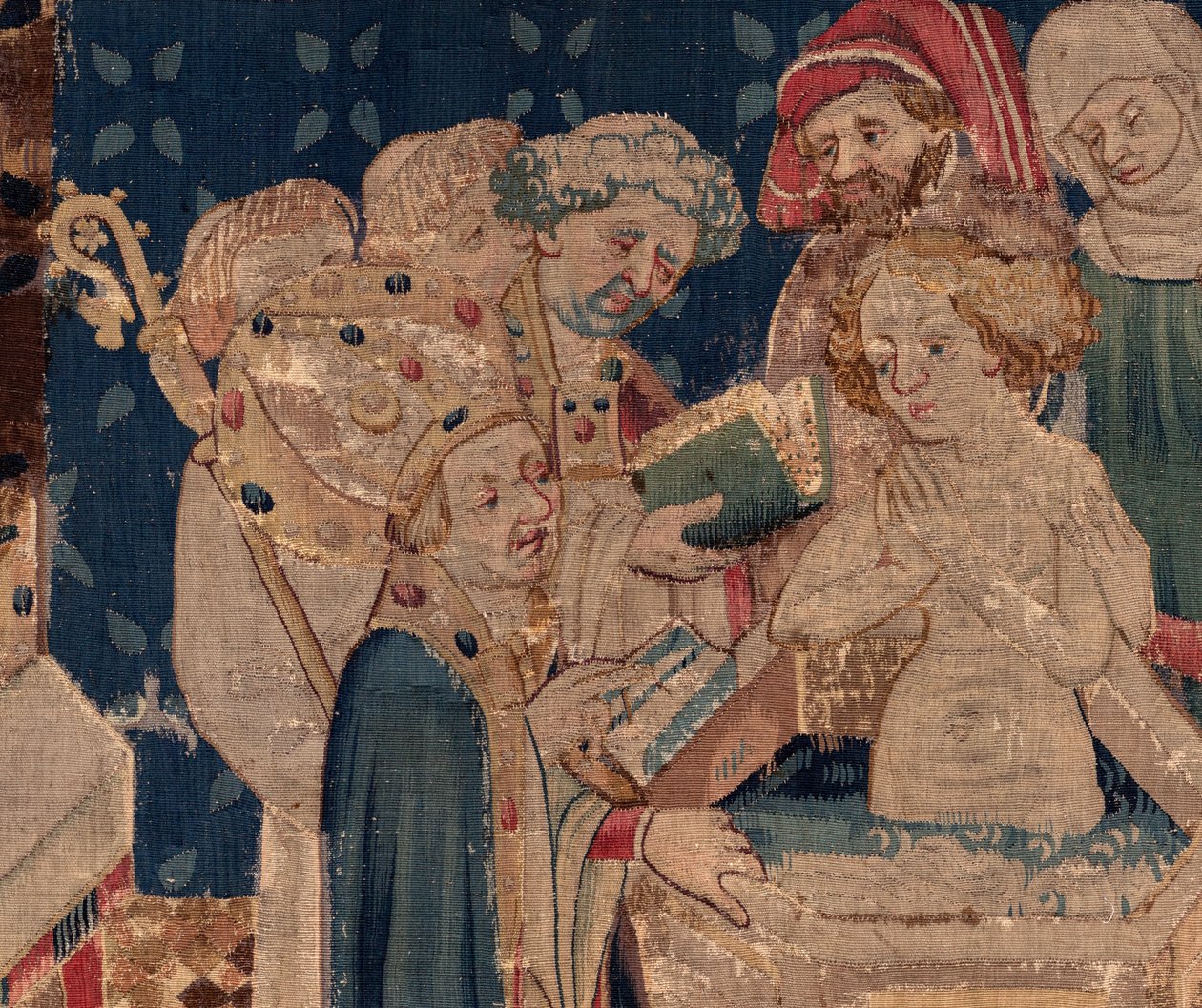 Historia św. Piata i św. Eleuthere, Scena 13: chrzest Blandy (Jak dobrzy święci ochrzcili trybunę córkę, która zbierała fundusze przez bardzo wielką tajemnicę: Blande, która była matką dobrego świętego). Szczegół. autorstwa Unknown artist