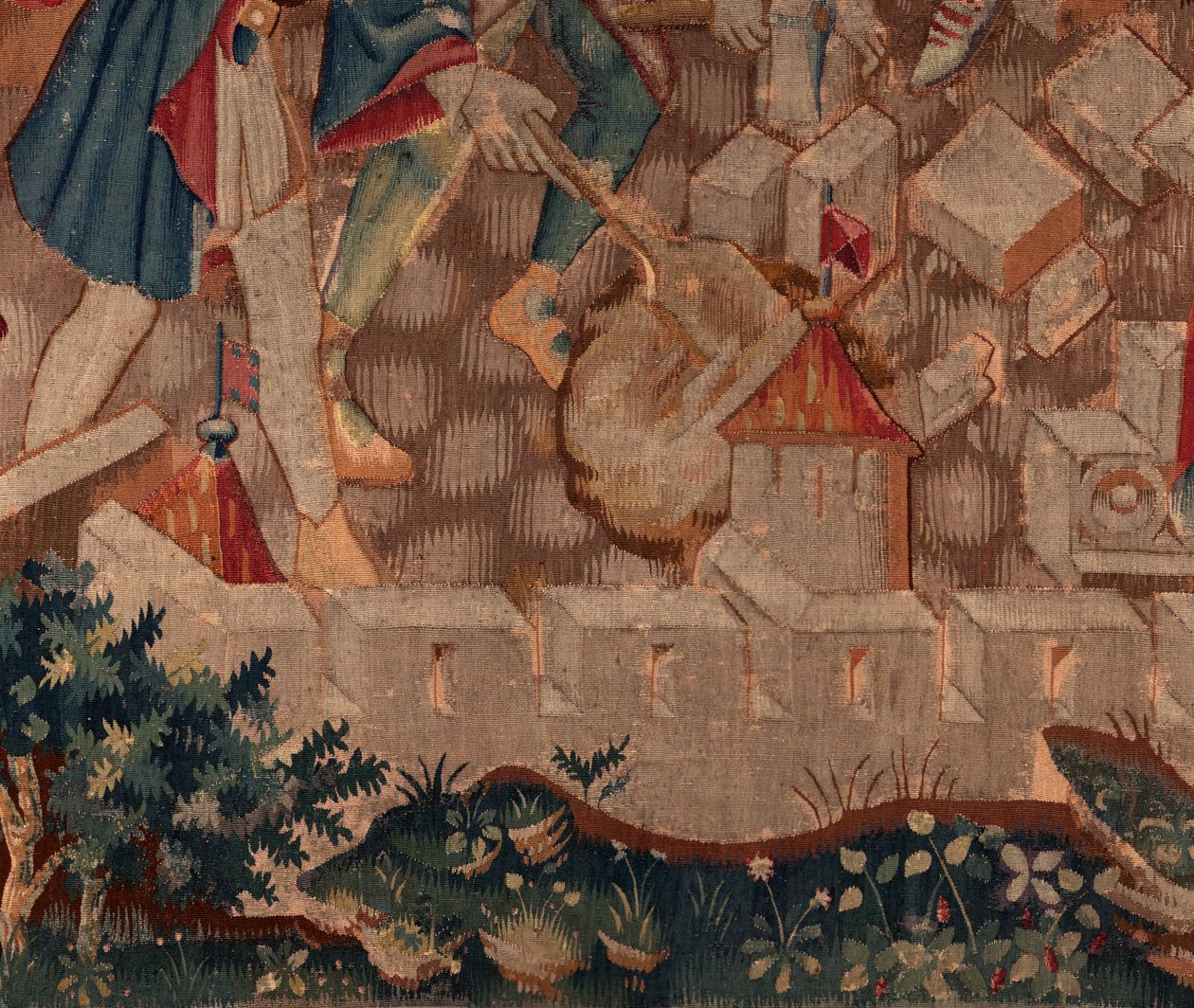 Historia św. Piata i św. Eleutery, scena 5 Szczegóły po lewej stronie poniżej. Mury miejskie i krzewy. autorstwa Unknown artist