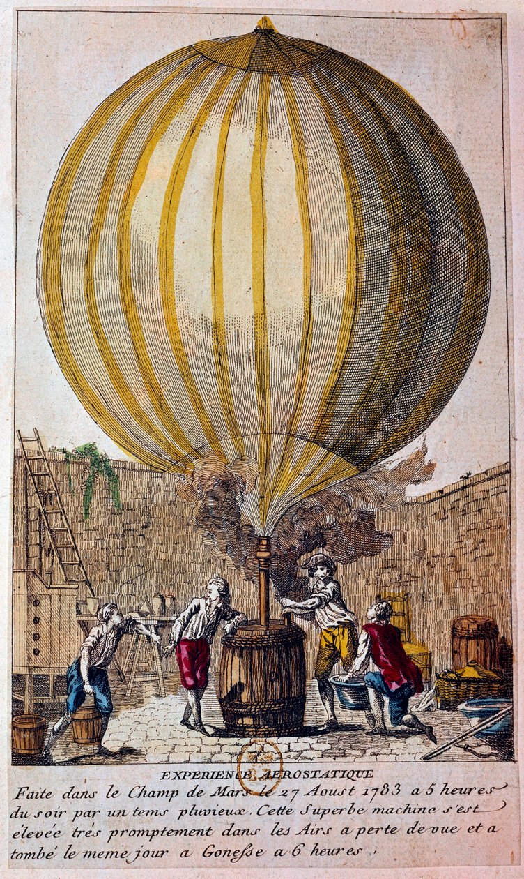 Historia balonów: doświadczenie aerostatyczne przeprowadzone na Polach Marsowych w Paryżu 27.08.1783: balon jest wypełniony gazem hydrogenicznym przez Jacquesa Charlesa (1746-1823). Rycina XVIII-wiecznego Paryża, B.N. autorstwa Unknown artist