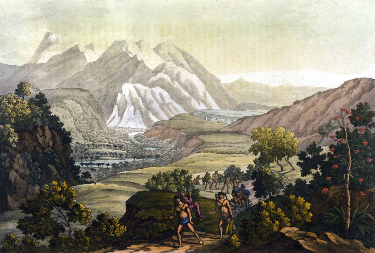 Humboldt i Bonpland przemierzają górę Quindiu na krzesłach nośnych. Z wyprawy do Andów Aleksandra von Humboldta (Alexandre de Humboldt autorstwa Unknown artist