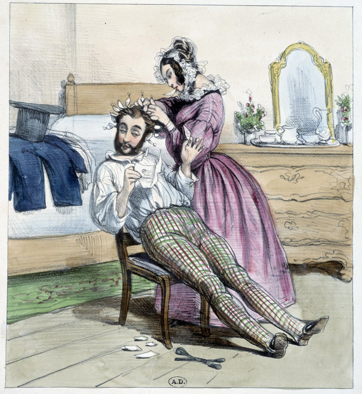 Humorystyczny rysunek na niewierności dandysa wykonany listem narzeczonej - rysunek autorstwa Unknown artist