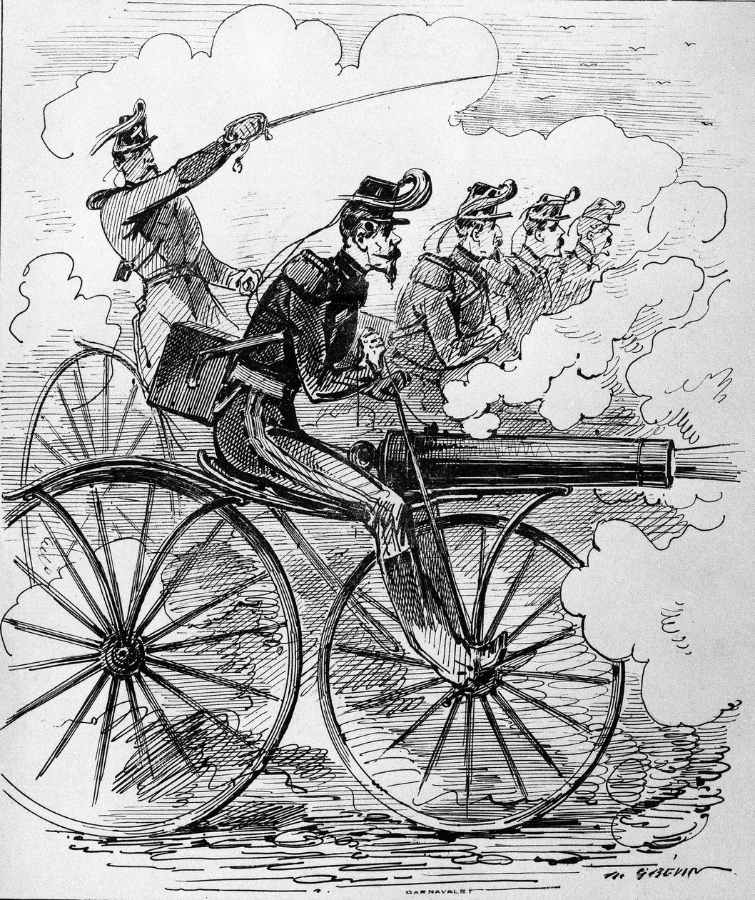 Rycina humorystyczna: Velocipedomania na karabinach maszynowych - XIX wiek. autorstwa Unknown artist