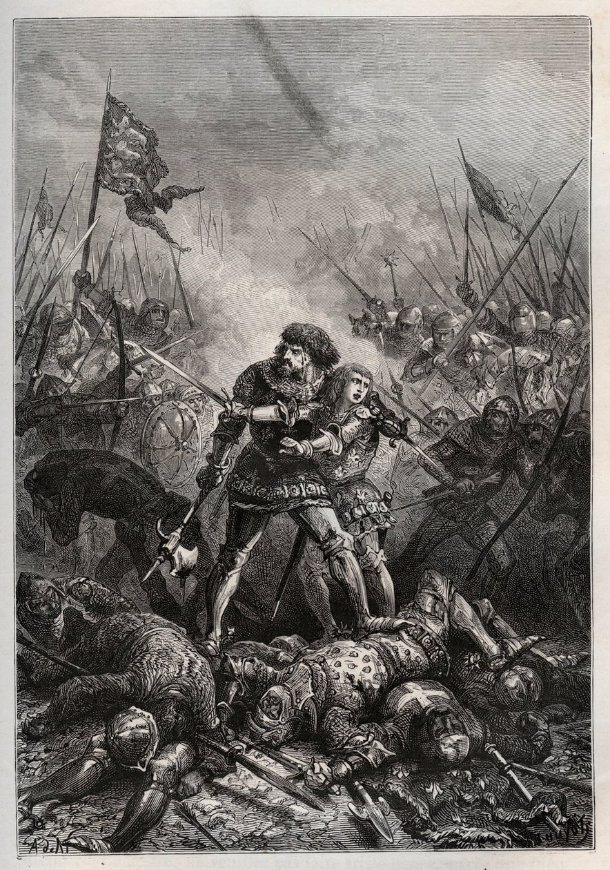 Wojna stuletnia: król Francji Jan II Dobry i jego syn Filip II Burgundii (1342-1404), znany jako „Philippe le Hardi”, walczyli z Anglikami w bitwie pod Poitiers 19.09.1356 r. (król Francji Jan II Francji (1319-1364) i jego syn Filip autorstwa Unknown artist