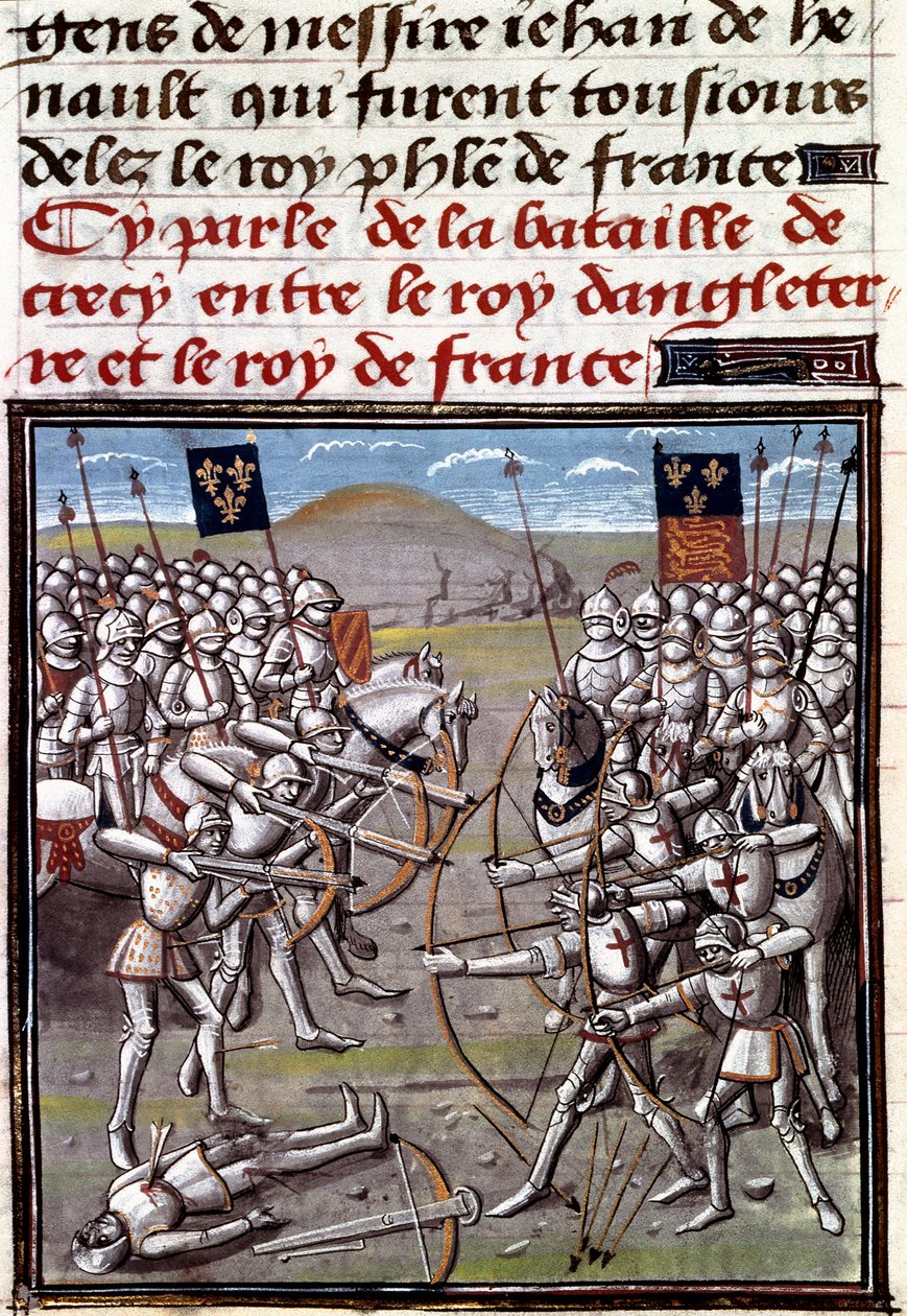 Wojna stuletnia: bitwa pod Crecy 26.08.1346 pomiędzy Francuzami i Anglikami. Miniatura z Kronik Jeana Froissarta (1337-1400) autorstwa Unknown artist
