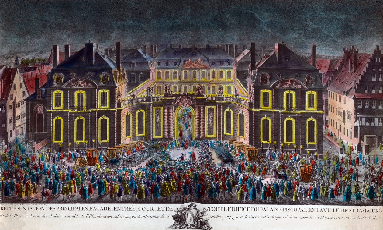 Iluminacje pałacu biskupiego miasta Strasburga podczas uroczystości wydanych przez miasto podczas pobytu króla Ludwika XV (1710-1774) w rekonwalescencji po ciężkiej chorobie w dniu 5.10.1744. Kolekcja prywatna z epoki autorstwa Unknown artist