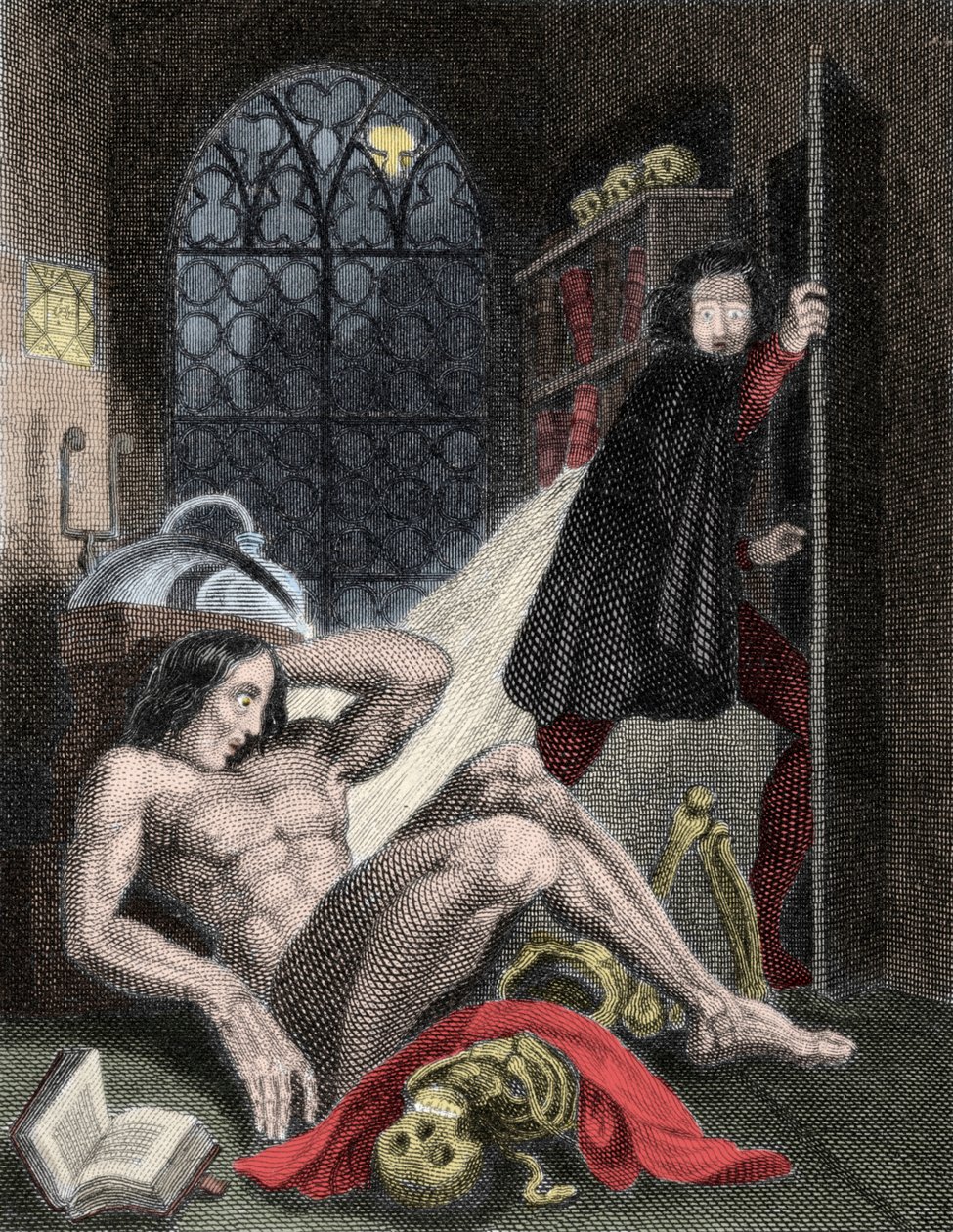 Ilustracja do „Frankensteina” autorstwa brytyjskiej pisarki Mary Wollstonecraft Shelley (1797-1851). 1831: „W blasku na wpół zgaszonego światła ujrzałem otwarte tępożółte oko stworzenia: oddychało ciężko, a konwulsyjny ruch poruszał jego kończynami. autorstwa Unknown artist
