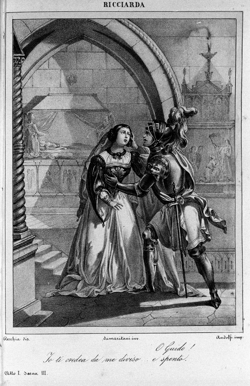 Ilustracja do sceny 3 aktu I „Ricciarda” włoskiego poety i dramaturga Ugo Foscolo (1778-1827) XIX w. autorstwa Unknown artist