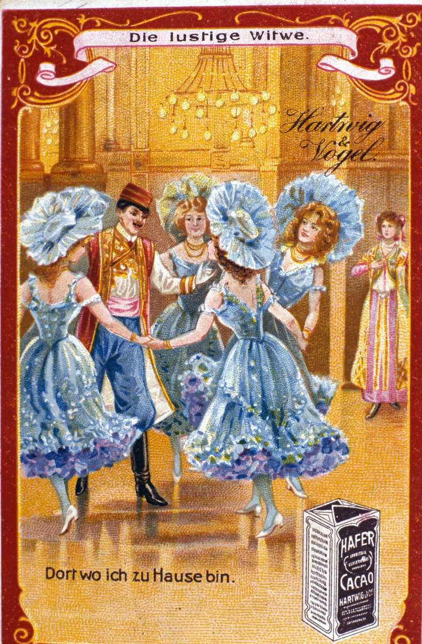 Ilustracja do „Happy Widow” autorstwa Franza Lehara, węgierskiego kompozytora (1870-1948). Akt II. chromolitografia z końca XX wieku. autorstwa Unknown artist