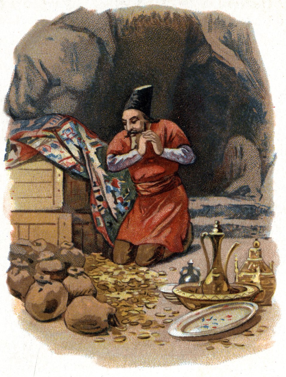Ilustracja do Opowieści z tysiąca i jednej nocy. Ali Baba (Ali-Baba) wchodzi do skały, mówiąc: Sezam cię otwiera i widzi beczki złota. Chromolitografia około 1890 r. autorstwa Unknown artist
