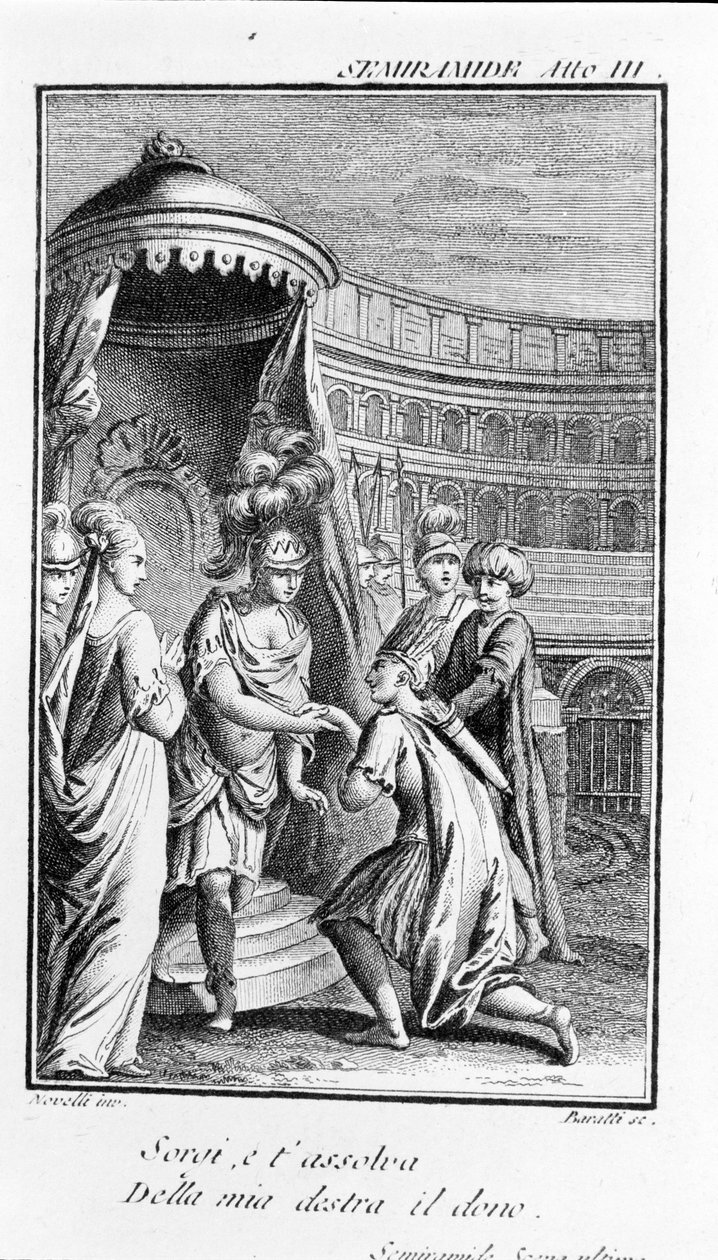 Ilustracja do opery Sémiramis Antonia Salieriego (1750 - 1825). Broszura autorstwa Pierre Metastase (lub Pietro Metastasio). Akt III, ostatnia scena. autorstwa Unknown artist