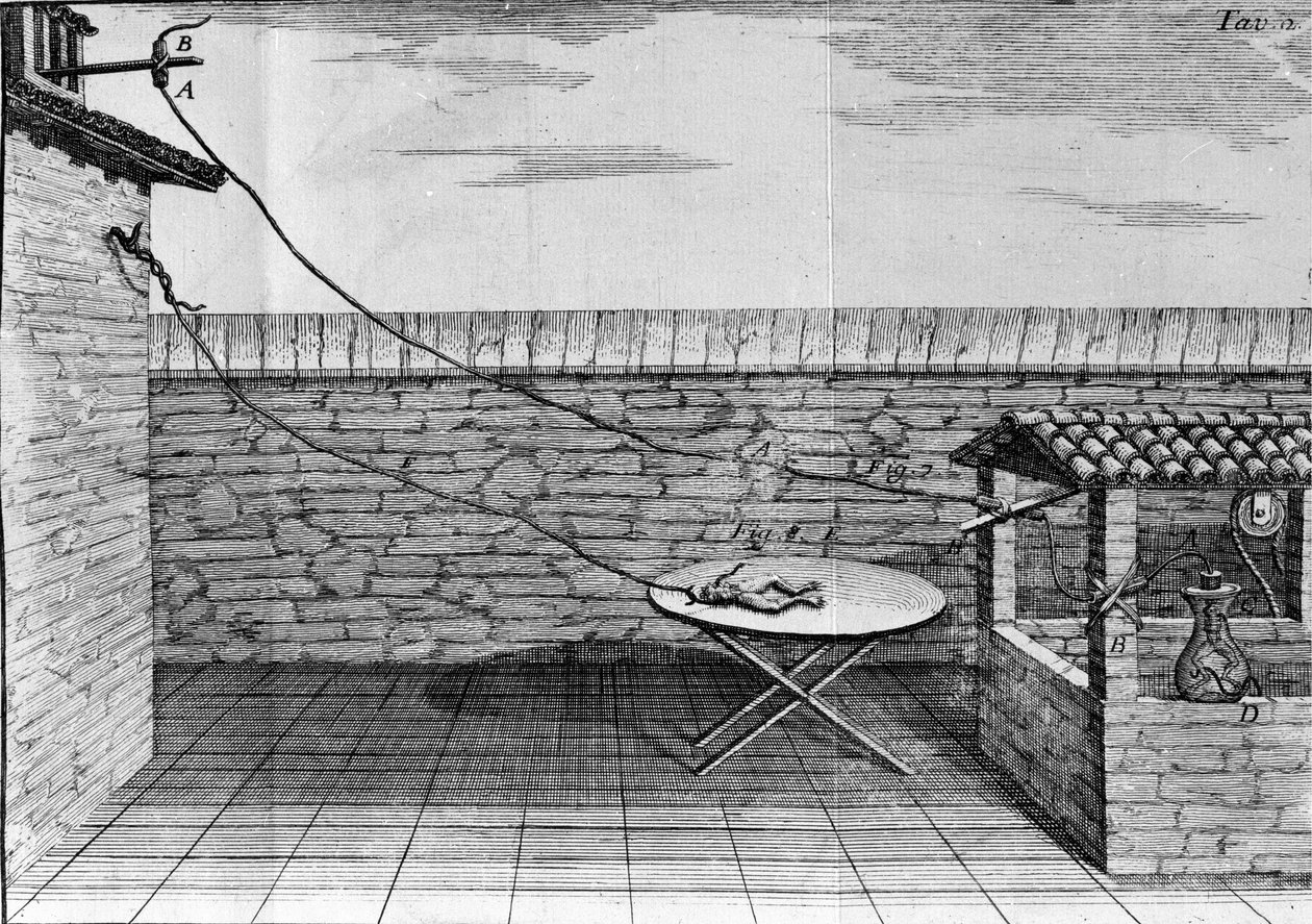 Ilustracja eksperymentów Luigiego Galvani, włoskiego fizyka i lekarza (1737 - 1798) wyjaśniających przepływ prądu elektrycznego poruszającego nogami żaby. autorstwa Unknown artist