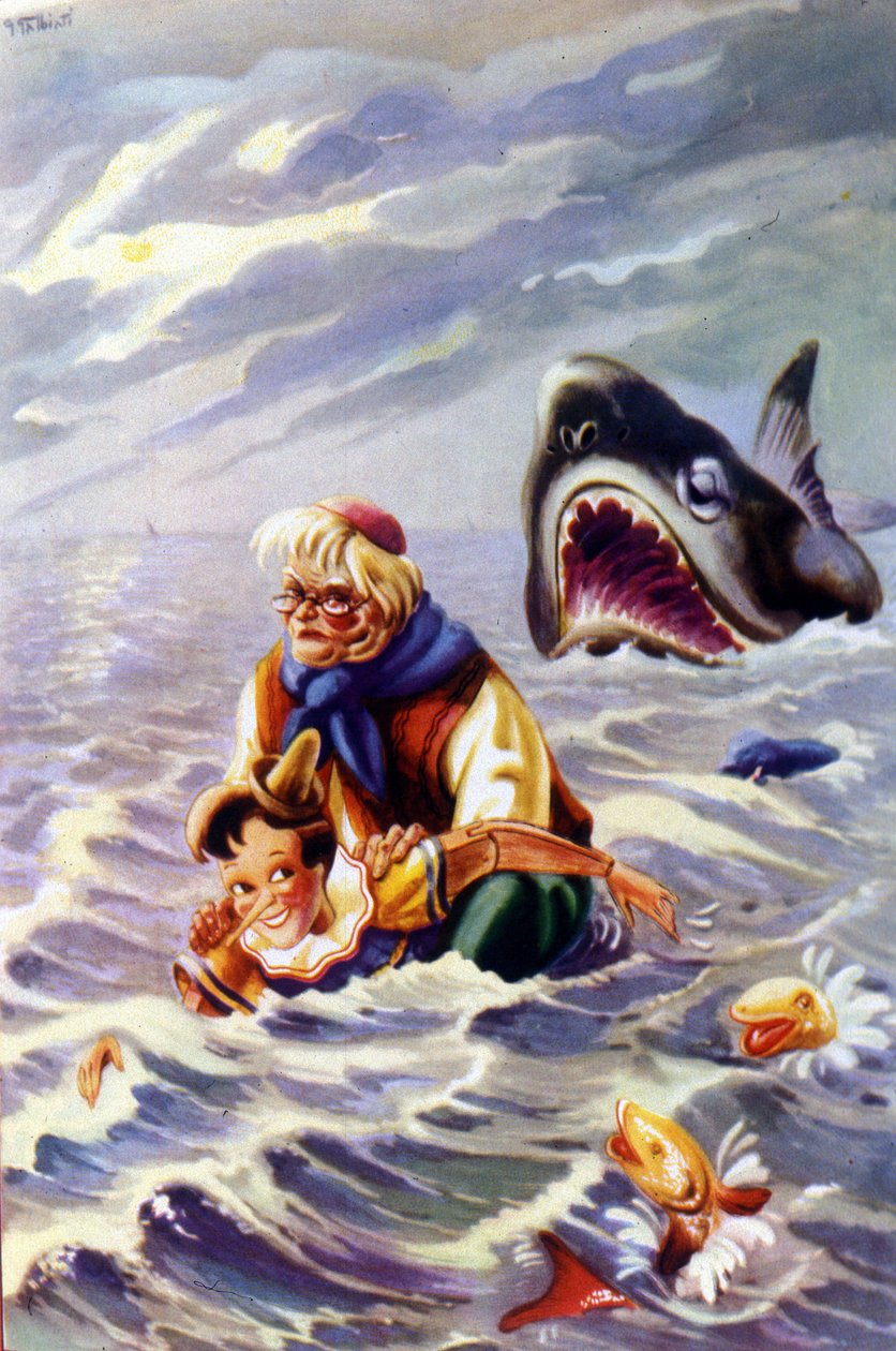 Ilustracja do opowieści o Pinokio autorstwa Carlo Collodi: Pinokio i Gepetto są ścigani przez ogromną rybę. autorstwa Unknown artist