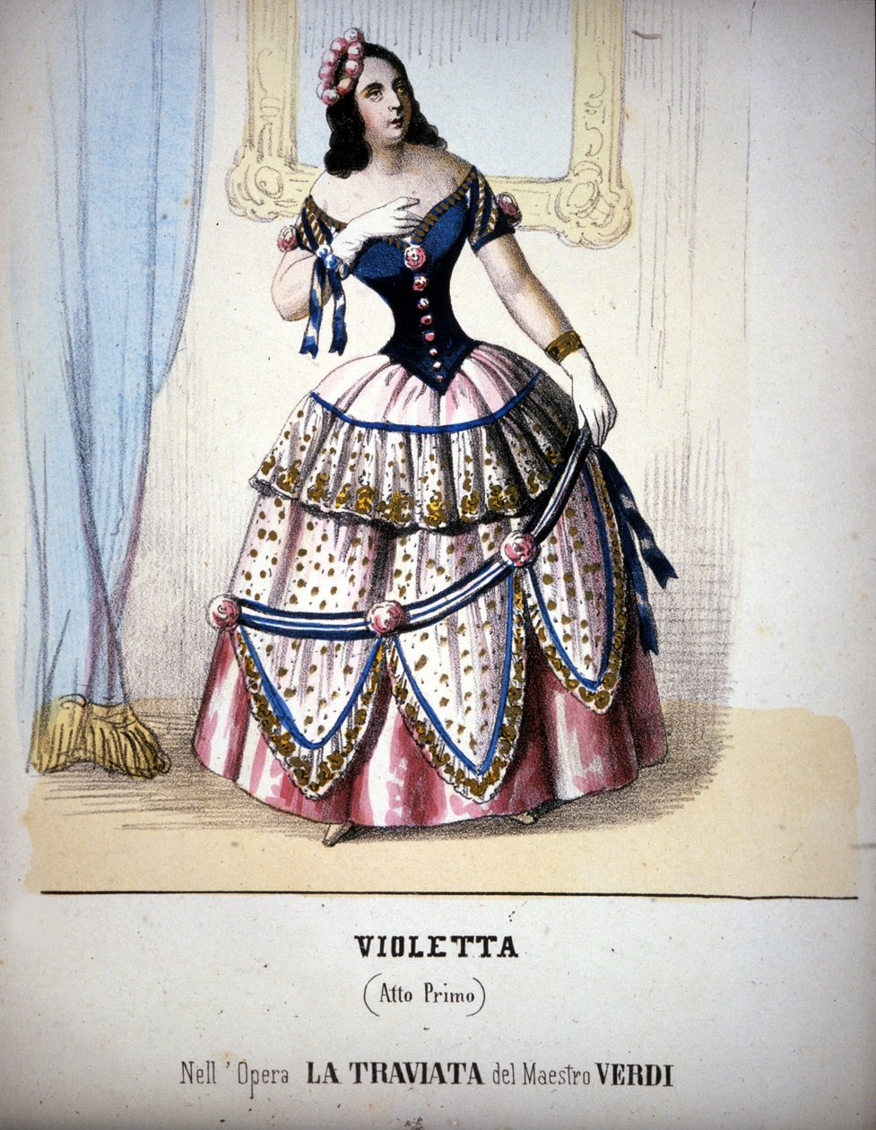 Ilustracja postaci Violetty Valéry w „Traviacie” Giuseppe Verdiego. Rycina XIX wieku. autorstwa Unknown artist