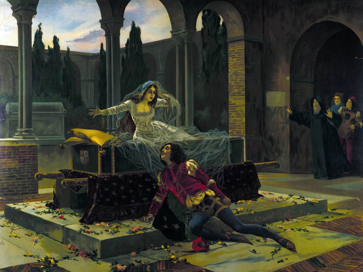 Ilustracja ostatniej sceny baletu „Romeo i Julia” Piotra lub Piotra Iljicza Czajkowskiego (lub Czajkowskiego lub Cajkowskiego lub Czajkowskiego autorstwa Unknown artist