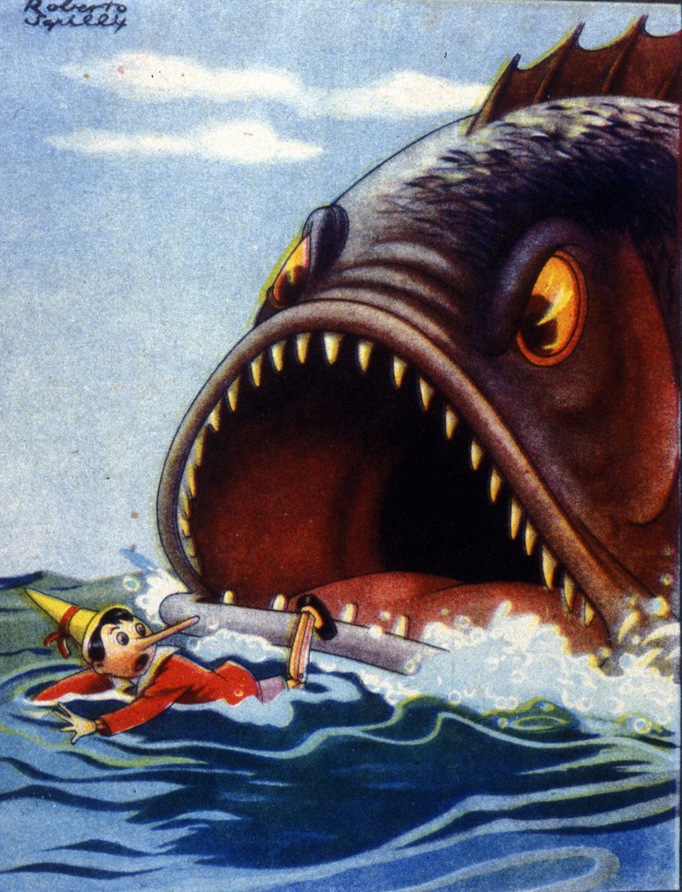 Ilustracja bajki Pinokio autorstwa Carlo Collodi. Ogromna ryba zaraz ...