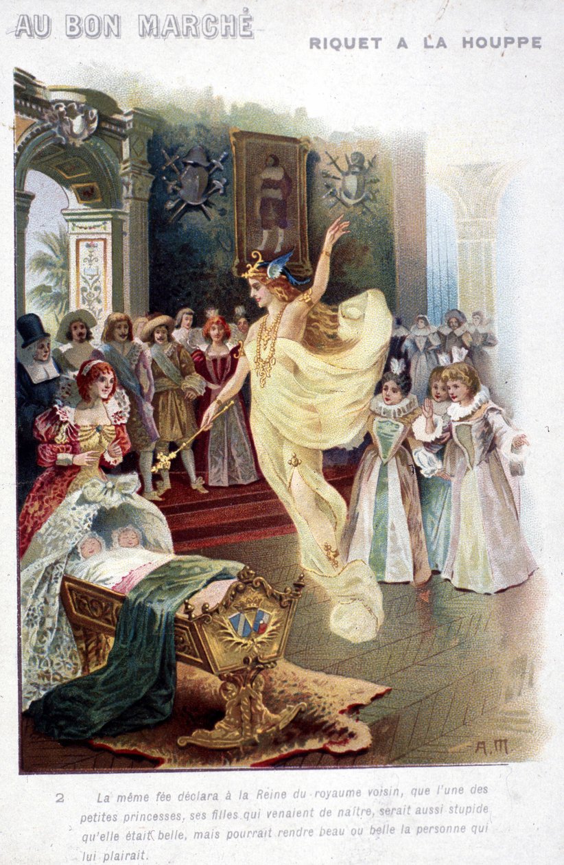Ilustracja do bajki „Riquet à la houppe” Charlesa Perraulta (1697): wróżka ogłasza królowej, że nowo narodzona księżniczka będzie równie głupia, co piękna. Plakat "Au bon marché" z XIX wieku. autorstwa Unknown artist