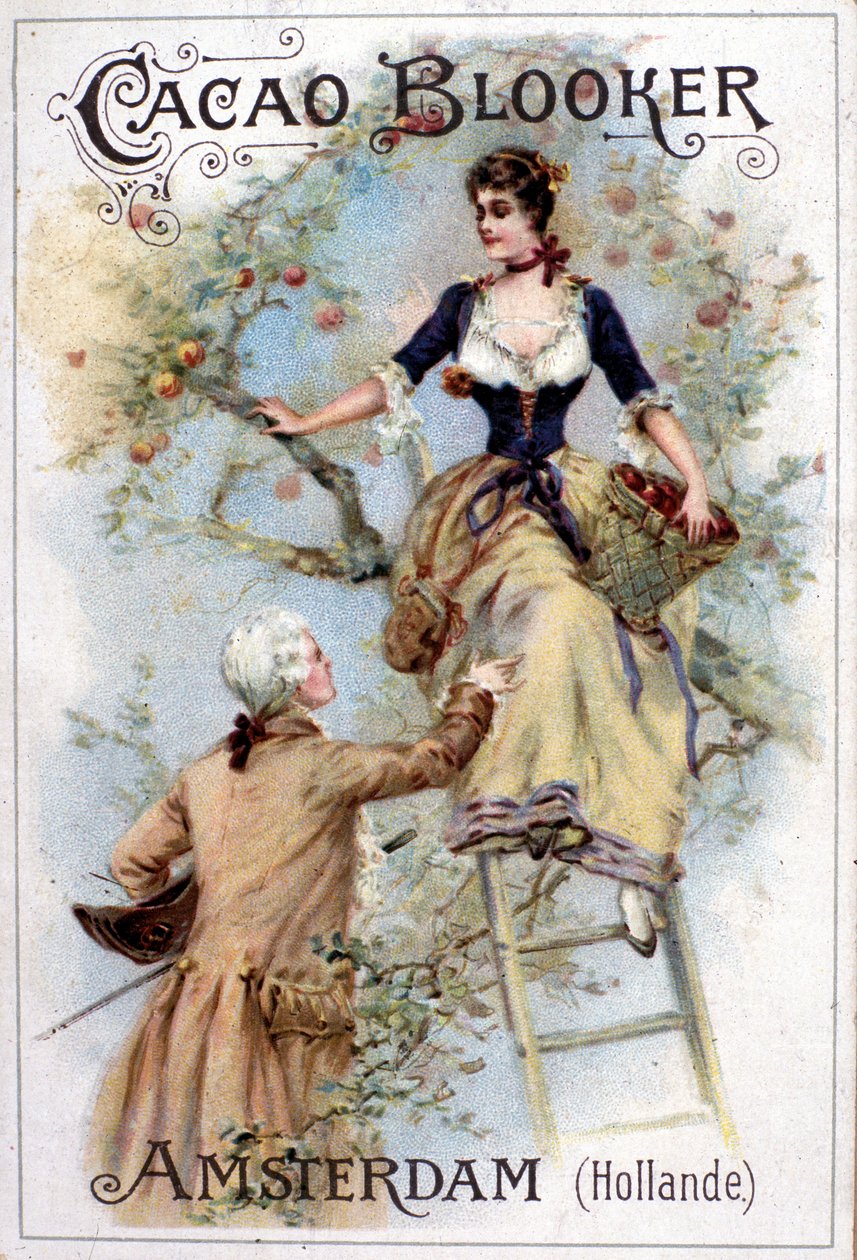 Ilustracja reklamowa firmy Blooker Cocoa przedstawiająca młodego mężczyznę w XVIII-wiecznej modzie, który pomaga młodej kobiecie schodzić po drabinie. autorstwa Unknown artist