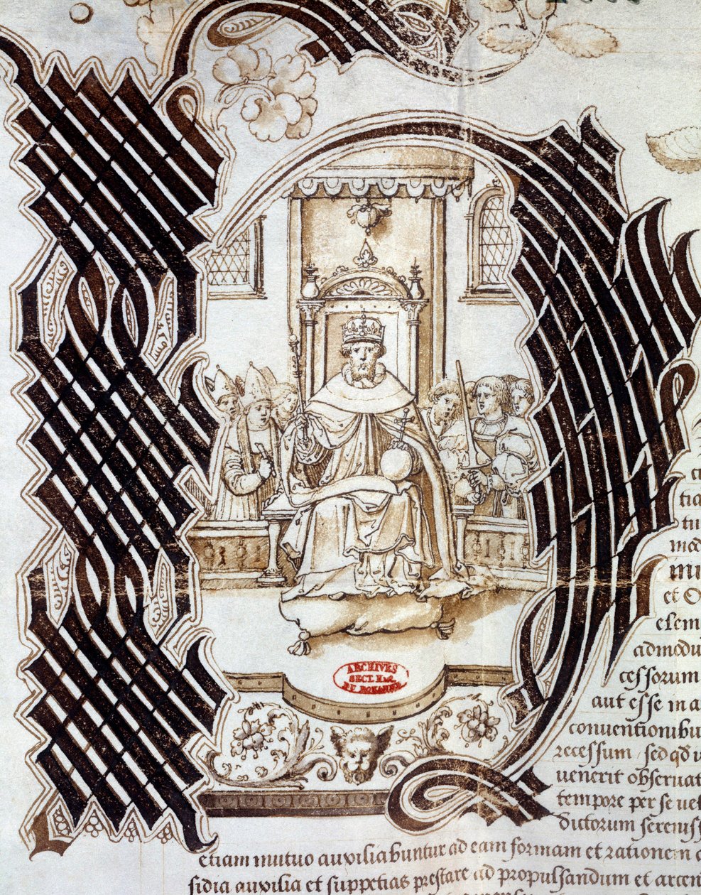 W 1522 roku Karol V podpisał z królem Anglii Henrykiem VIII (1491-147) traktat z Windsoru, przewidujący inwazję na Francję Miniatura z rękopisu przedstawiającego Henryka VIII. 1532 Paryż, Archiwum Narodowe autorstwa Unknown artist