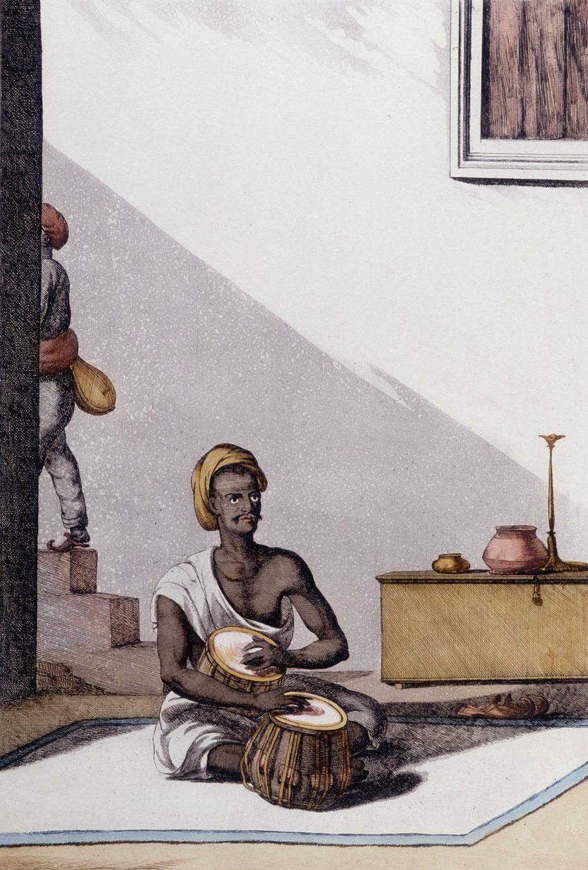 Kultura i cywilizacja indyjska: muzyk grający na tabli, tradycyjny instrument muzyczny, Indie. Grawerowanie 1808. autorstwa Unknown artist