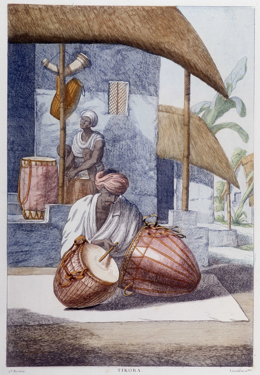 Kultura, cywilizacja i społeczeństwo Indii: muzyk grający na tradycyjnej indyjskiej perkusji (Tikora). Grawerunek z 1808 roku. autorstwa Unknown artist