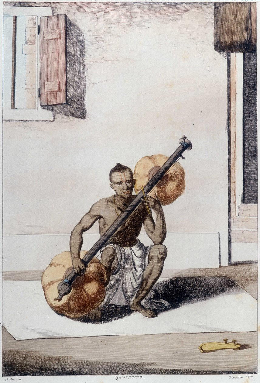 Kultura, cywilizacja i społeczeństwo Indii: muzyk grający na tradycyjnym indyjskim instrumencie smyczkowym. Grawerunek z 1808 roku. autorstwa Unknown artist