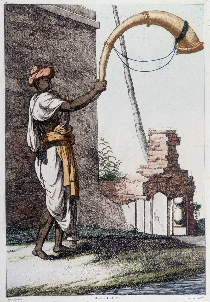 Kultura, cywilizacja i społeczeństwo Indii: muzyk grający na tradycyjnym indyjskim instrumencie dętym (Sournae). Grawerowanie z 1808 roku. autorstwa Unknown artist
