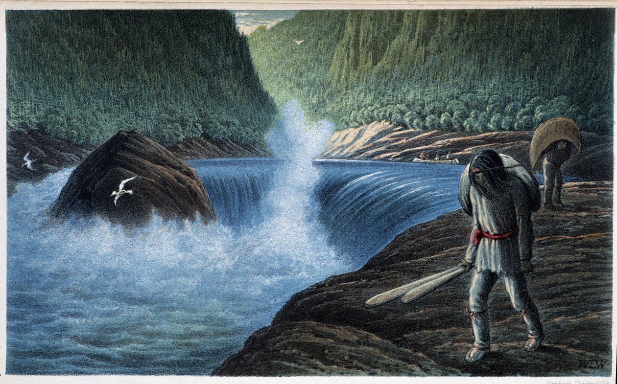 Indianin w pobliżu bystrza: „”trzeci bystrza na moisie”” – w „”Eksploracja Półwyspu Labrador”, autorstwa Hind, Henri Youle autorstwa Unknown artist