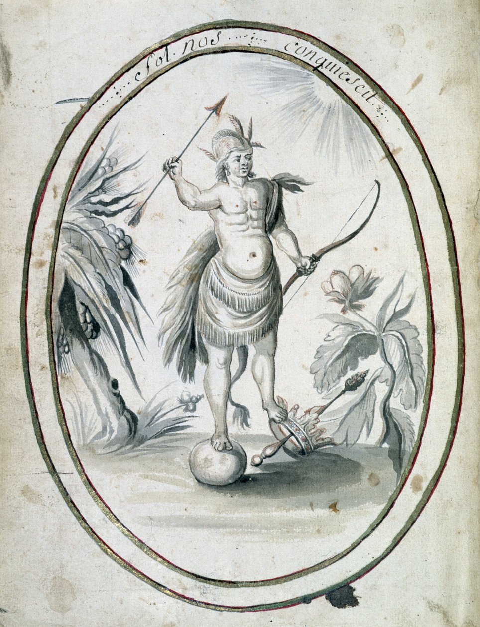 Indianin Kanady z łukiem i strzałami - frontyspis rękopisu „Dialog lub wywiad Francuza z dzikusem” autorstwa Unknown artist