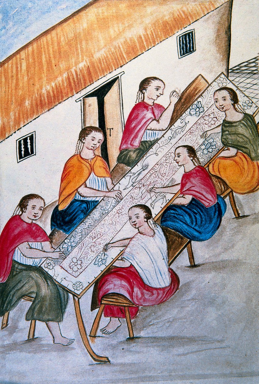 Indyjscy robotnicy szyjący, z książki „Trujillo del Peru” lub „Códice Martínez Compañón”, Baltazara Martineza Compañón y Bujanda, biskupa Trujillo (1782-1785) autorstwa Unknown artist