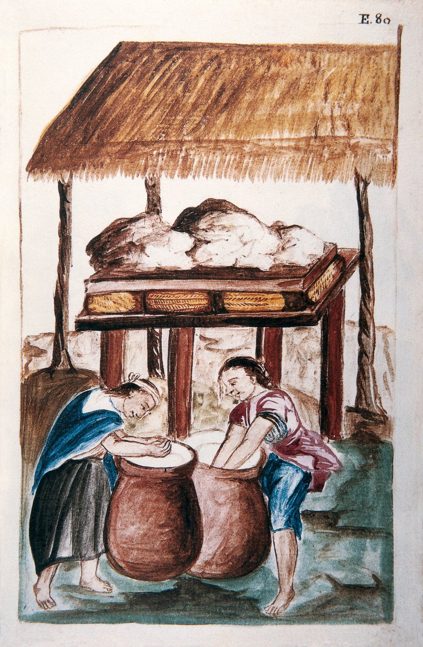 Indianie wytwarzający ser, z książki „Trujillo of Peru” lub „Codex Martinez Companion”, autorstwa Baltazara Martineza Companion i Bujandy, biskupa Trujillo (1782-1785) autorstwa Unknown artist