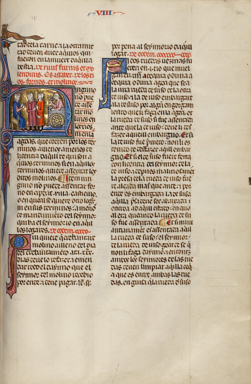 Initial N: Dwóch mężczyzn przed sędzią, podczas gdy trzeci buduje młyn autorstwa Unknown artist