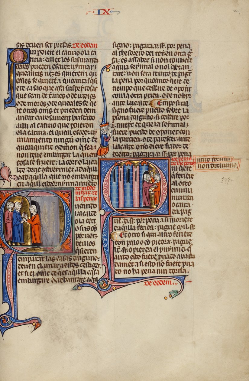 Initial Q: Mężczyzna pozdrawiający dwóch mężczyzn w drzwiach; Initial Q: Dwóch mężczyzn walczących przed domem autorstwa Unknown artist