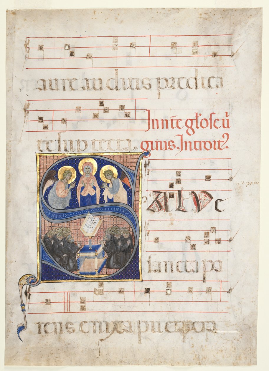 Initial Salve sancta parens] z Dziewicą Adorowaną przez Anioły i Śpiewającymi Mnichami Benedyktynami: Pojedynczy Listek z Graduału autorstwa Unknown artist