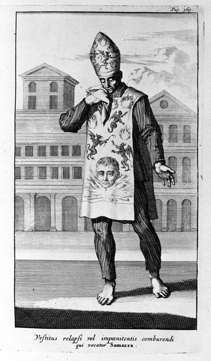 Inkwizycja. Szata Samarry, którą nosili pokutnicy. Rycina z Historii Inkwizycji, Amsterdam 1692. autorstwa Unknown artist
