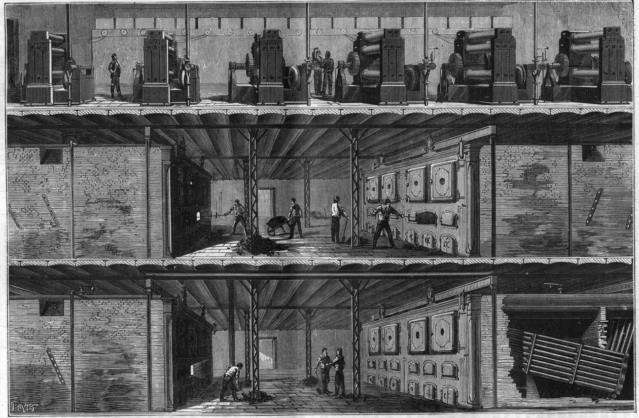 Montaż kotłów i prądnic parowych w Centralnej Stacji Rozdzielczej Energii Elektrycznej (Edison System) w Nowym Jorku w 1884 roku. autorstwa Unknown artist