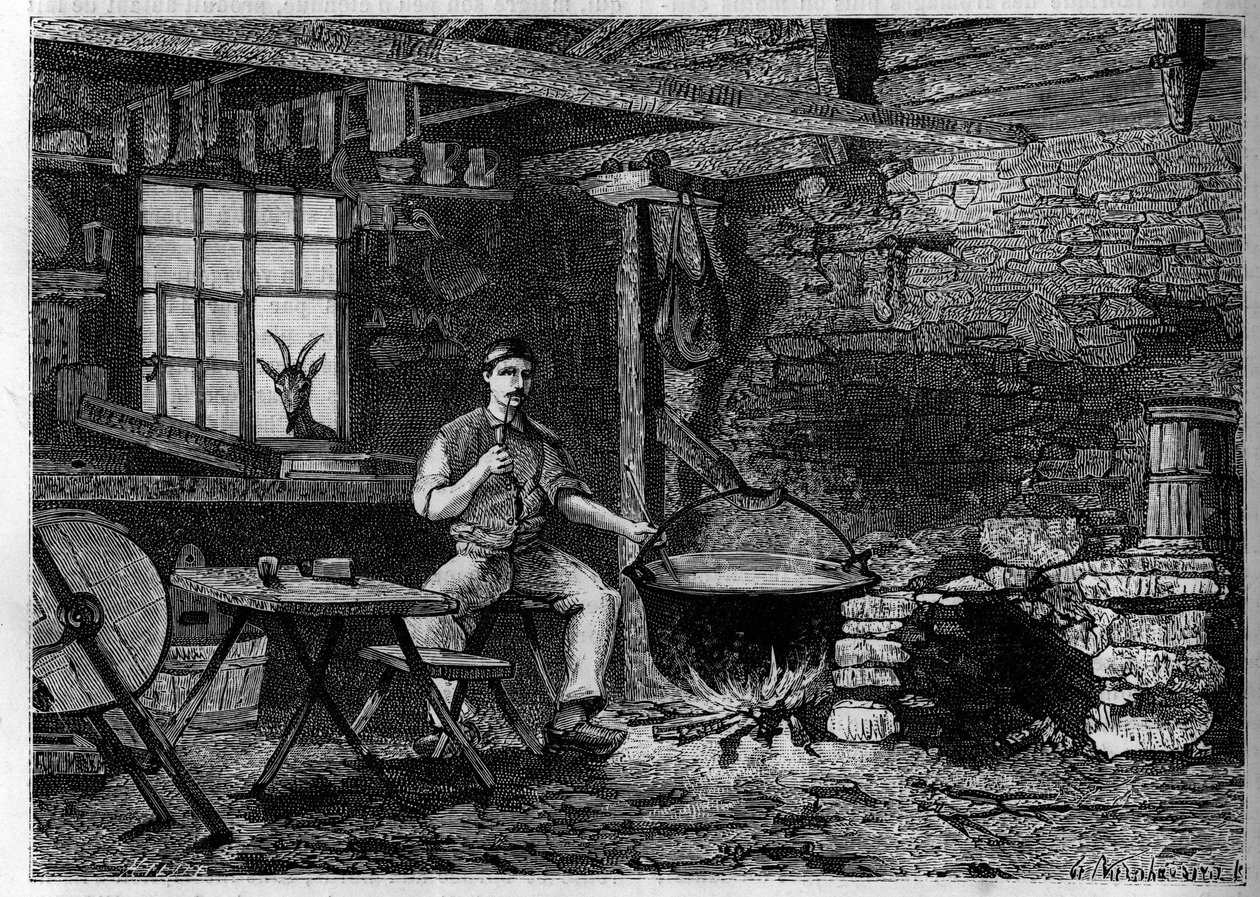 Wnętrze serowarni w Wogezach. Grawerowanie w „Le journal de la jeunesse”” autorstwa Unknown artist