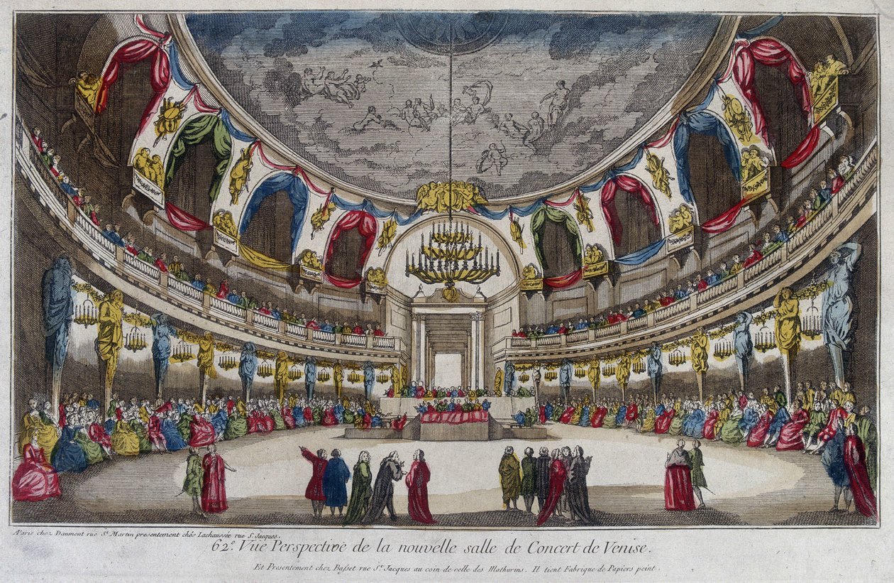 Wnętrze sali koncertowej w Wenecji. Grawerowanie XVIII wieku. autorstwa Unknown artist