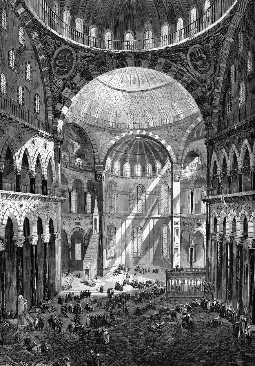Widok wnętrza meczetu św. Zofii (Hagia Sophia) (sztuka bizantyjska VI wieku) w Konstantynopolu w 1858 roku. autorstwa Unknown artist