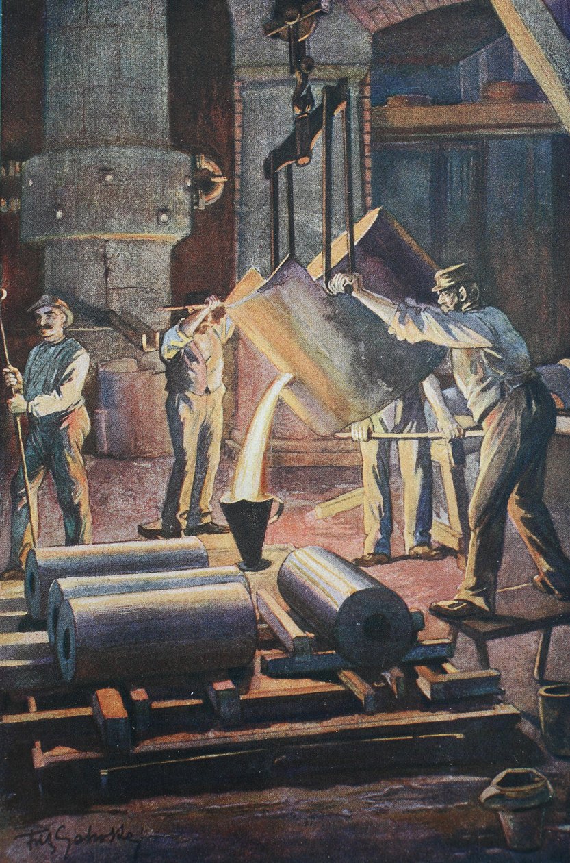 Odlewnia żeliwa, odlewnia, odlewanie kokilowe z roztopionego żelaza autorstwa Unknown artist