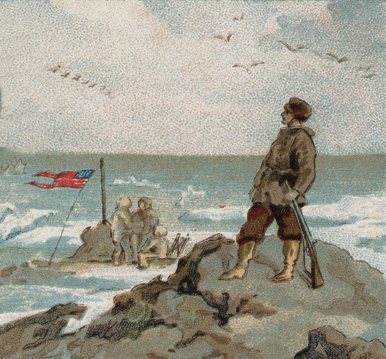Isaac Israel Hayes (1832-1881) noszący amerykańską flagę nad brzegiem morza polarnego. Chromo z końca XIX wieku. autorstwa Unknown artist