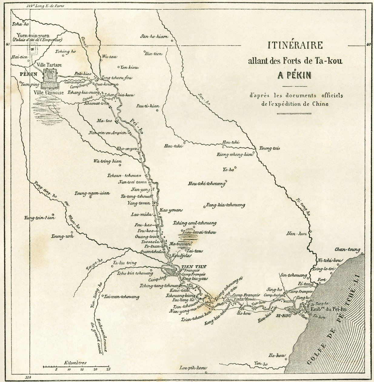 Trasa wzdłuż rzeki Hai He w pobliżu Tien Tsin (Tien-Tsin, Tianjin) do Pekinu (Pekin), Chiny. Mapa, w „”Le Tour du Monde, New Journal of Travels””, pod redakcją Edouarda Chartona, Paryż autorstwa Unknown artist