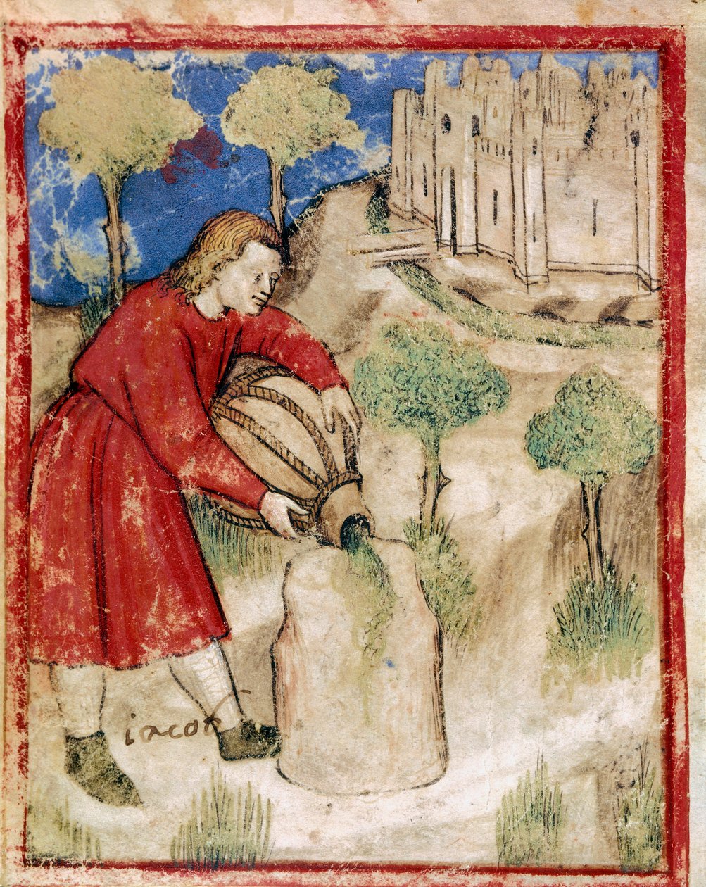 Jakub wylał olej na kamień, który służył mu jako miniaturowa poduszka z kodeksu 212 (lub kodeksu padovano lub Biblii z Padwy) 1390-1400 Rovigo, Accademia dei Concordi autorstwa Unknown artist