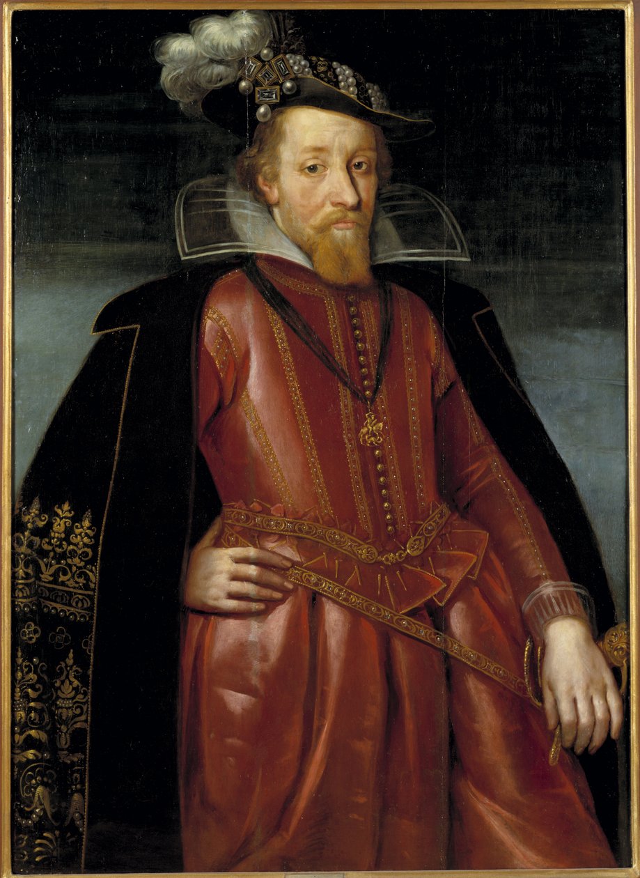 James Stuart, Jakub VI król Szkocji i Jakub I król Anglii i Irlandii - Portret króla Anglii Jakuba I (1566-1625), Anonim . Olej na drewnie. Rozmiar: 115x86cm. Muzeum Narodowe w Sztokholmie autorstwa Unknown artist