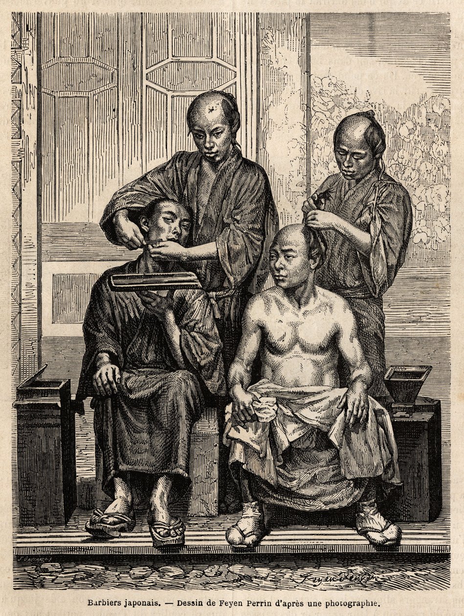 Japońscy fryzjerzy w swoim sklepie, jeden goli brodę, drugi stylizuje mężczyznę z nagim torsem. Rycina ilustrująca podróż do Japonii w latach 1863-1864 autorstwa Aime Humberta, ministra Konfederacji Szwajcarskiej, w „Le tour du monde, nouveau journal des v autorstwa Unknown artist